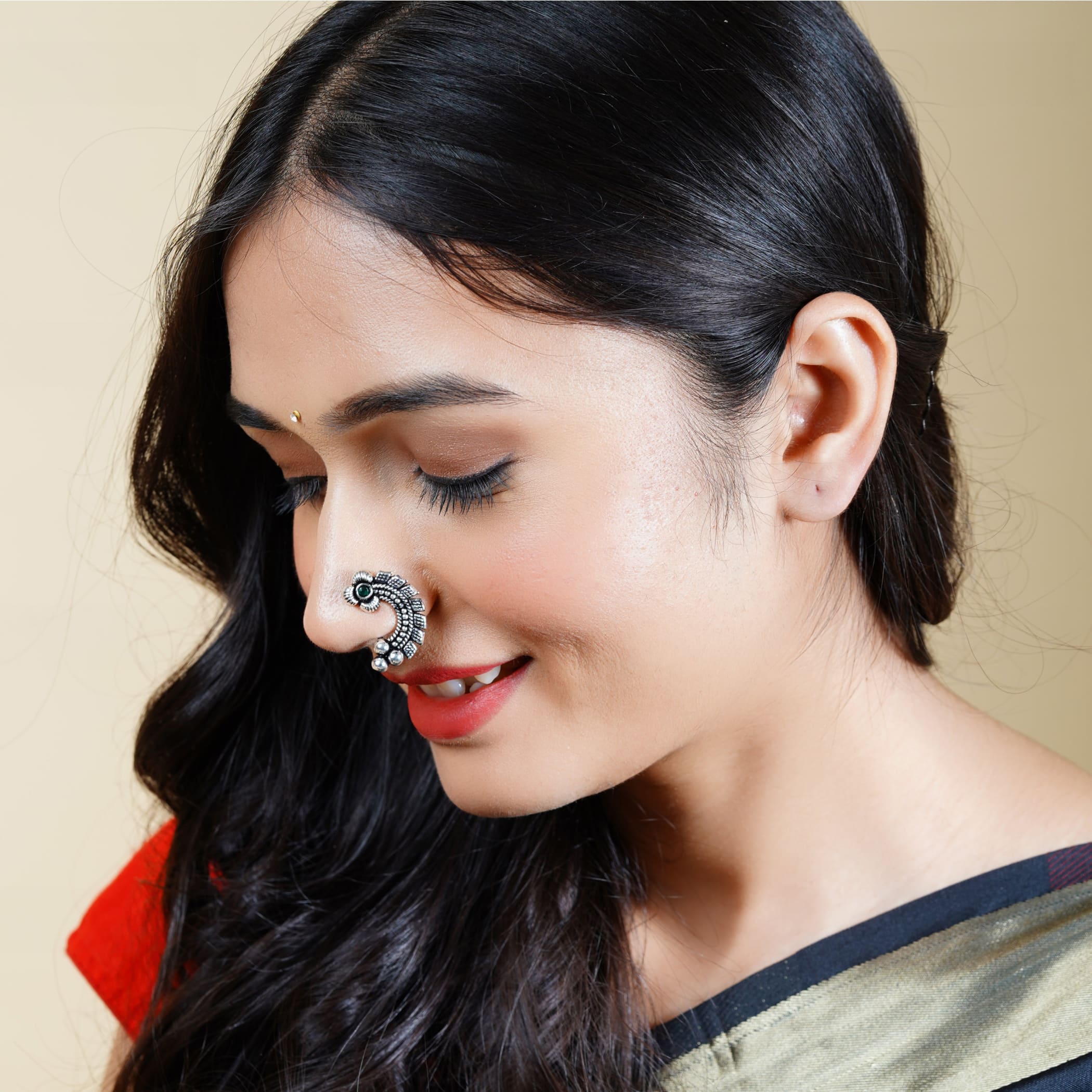 Clip on silver marathi style nath nosepin snap nose ring