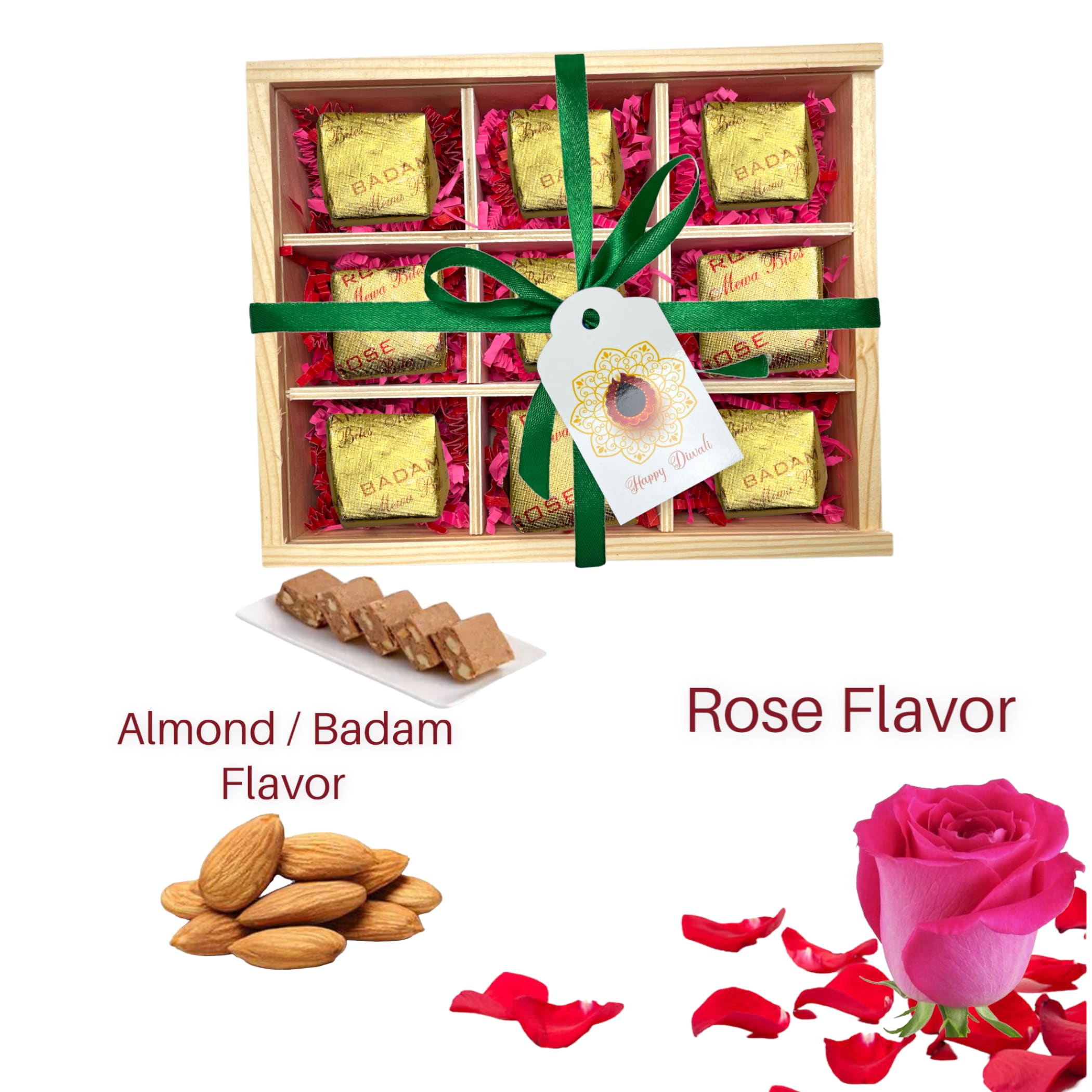 Diwali Gift Box Hamper Basket Indian Sweets Mewa Bites Rose