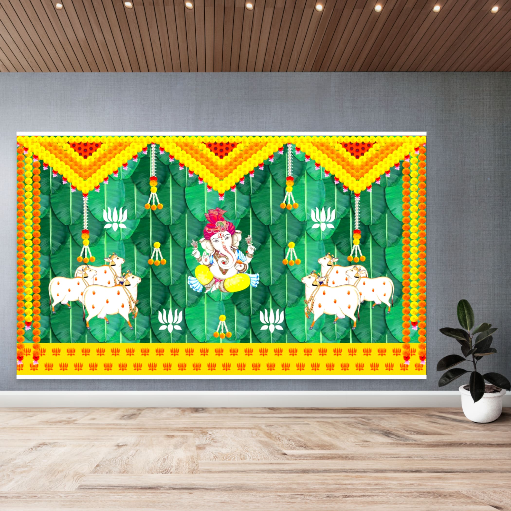 Ganesh and cow backdrop pooja cloth traditional decor indian
