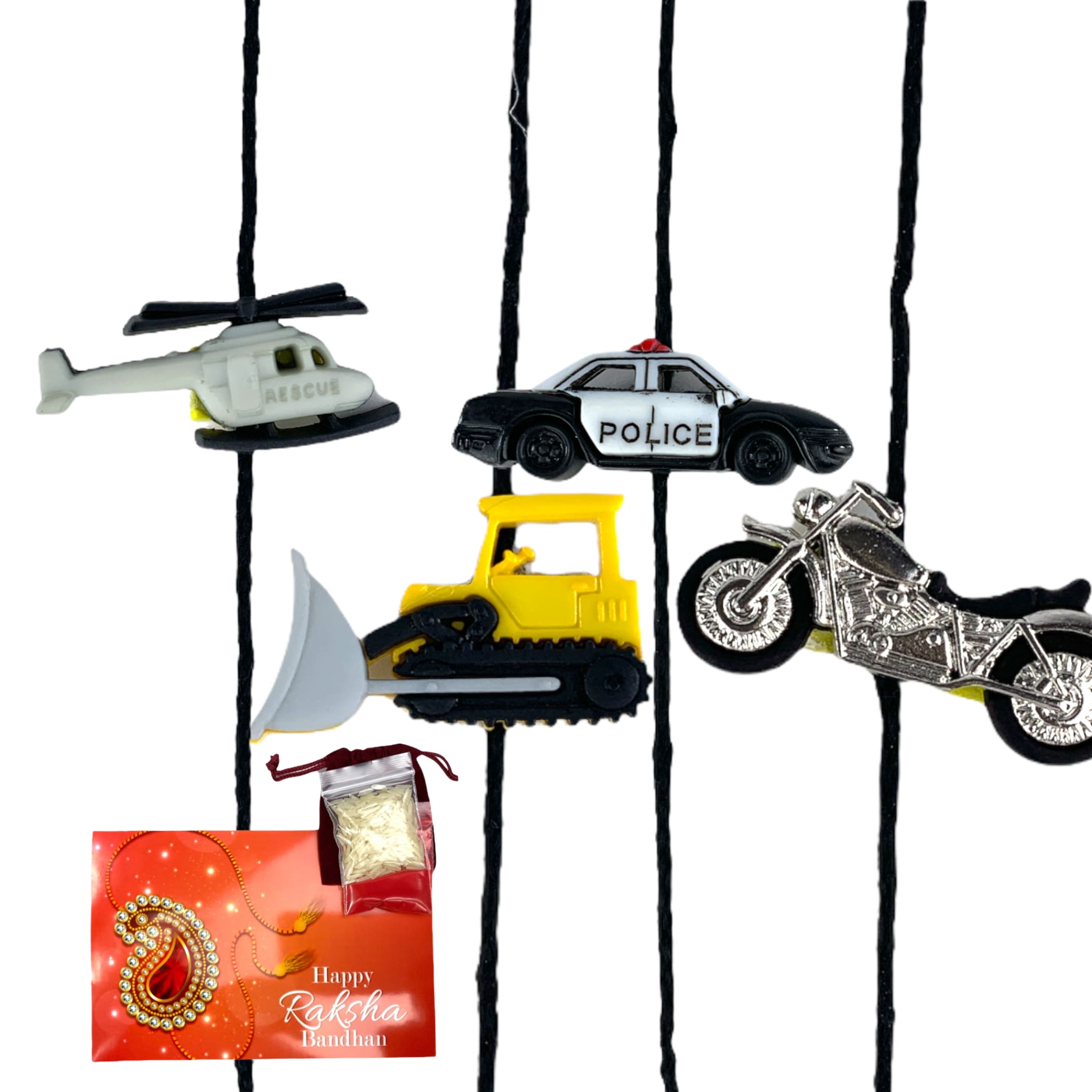 Helicopter police car earth mower motorbike rakhi kids usa