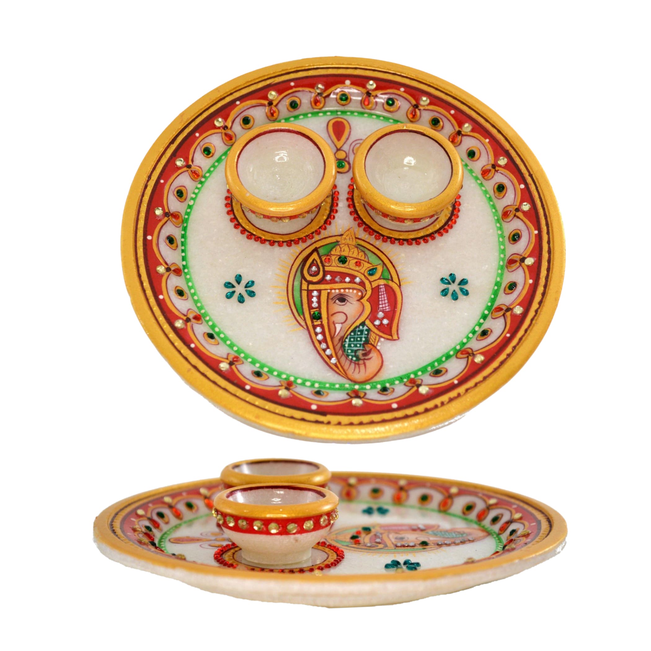 Indian white marble pooja thali set diya aarti plate haldi