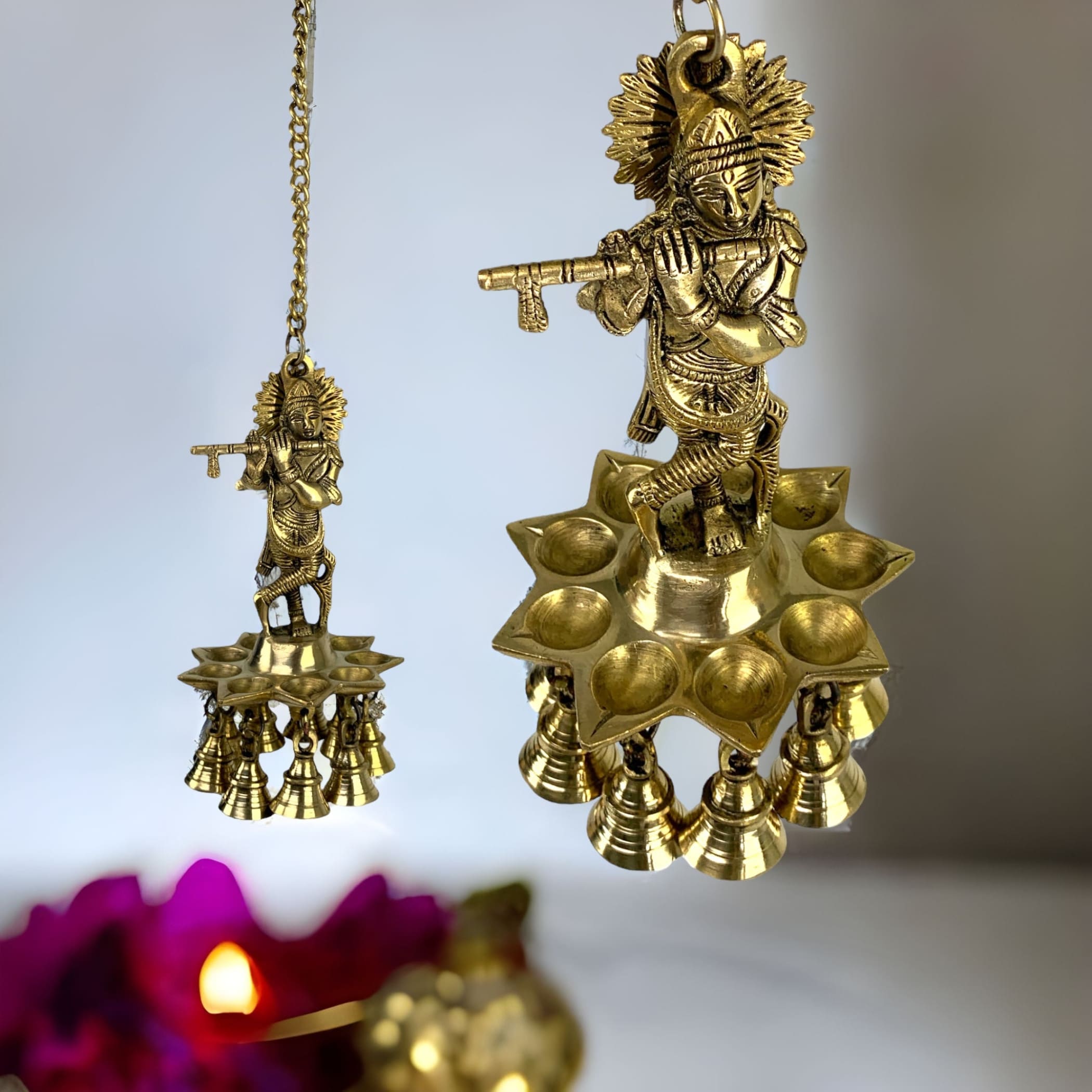 Brass krishna wall hanging idol oil lamp diya with bells &