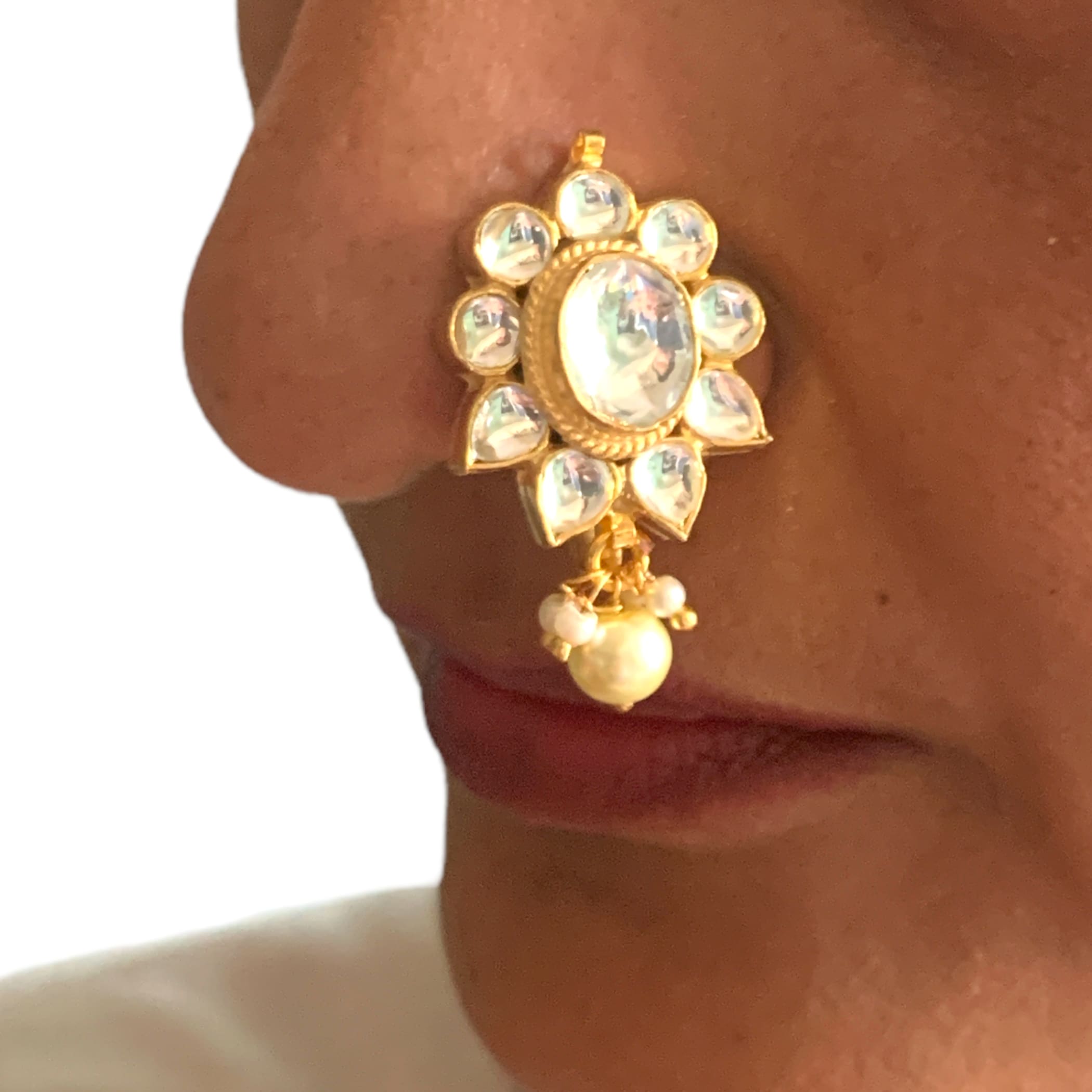 Kundan pressing nose ring with gold plating pearl indian