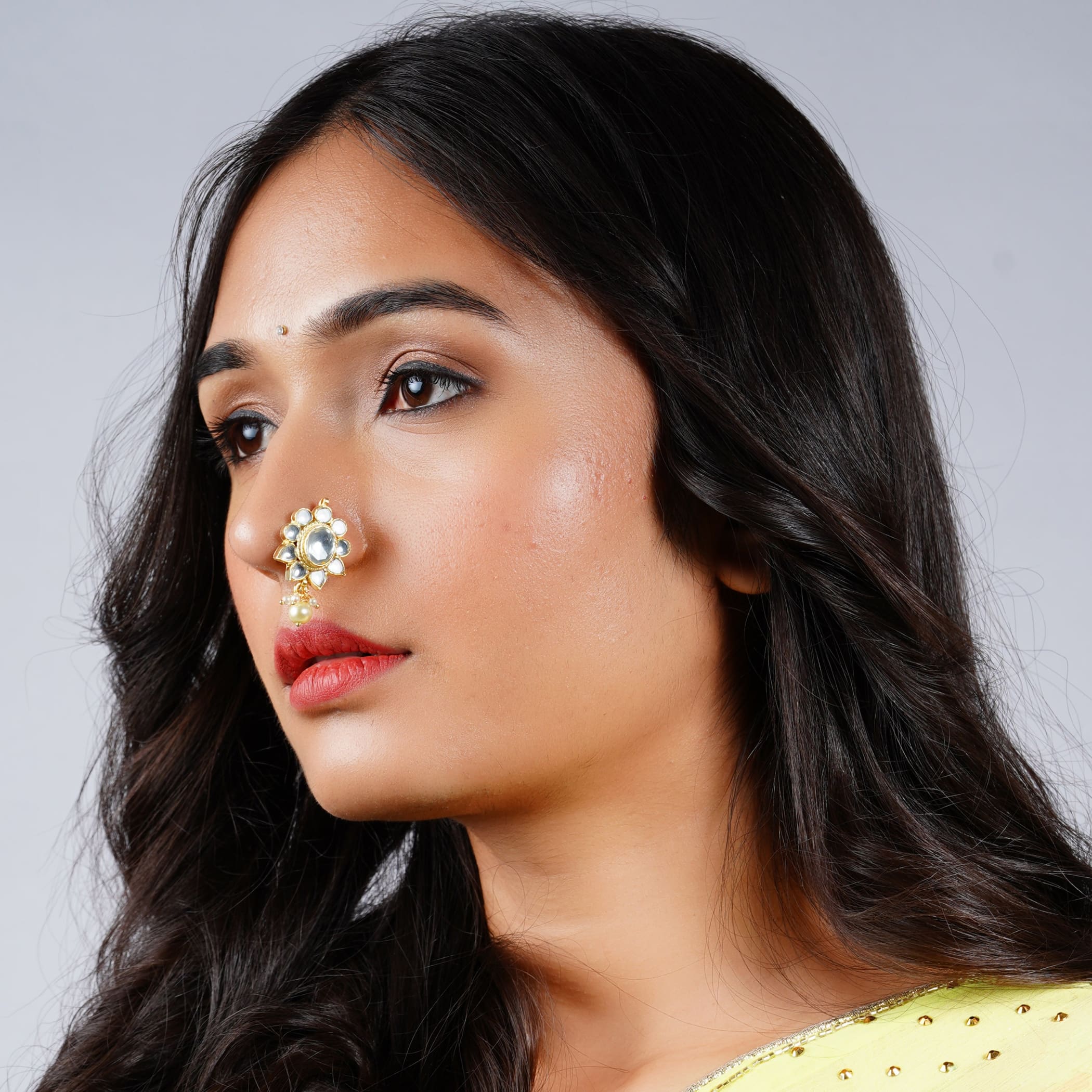 Kundan pressing nose ring with gold plating pearl indian