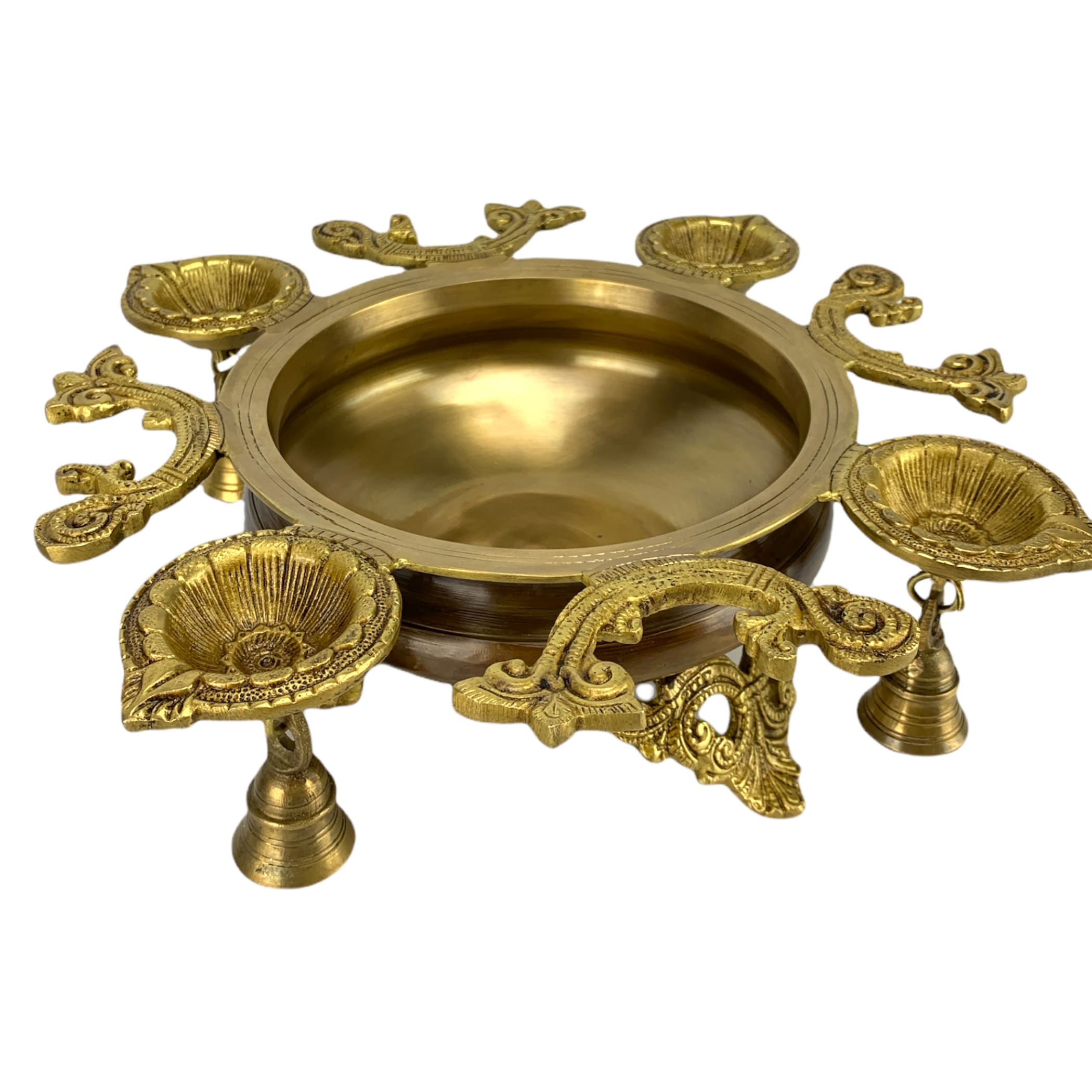 Large brass deepak urli with bell centre table decor statue