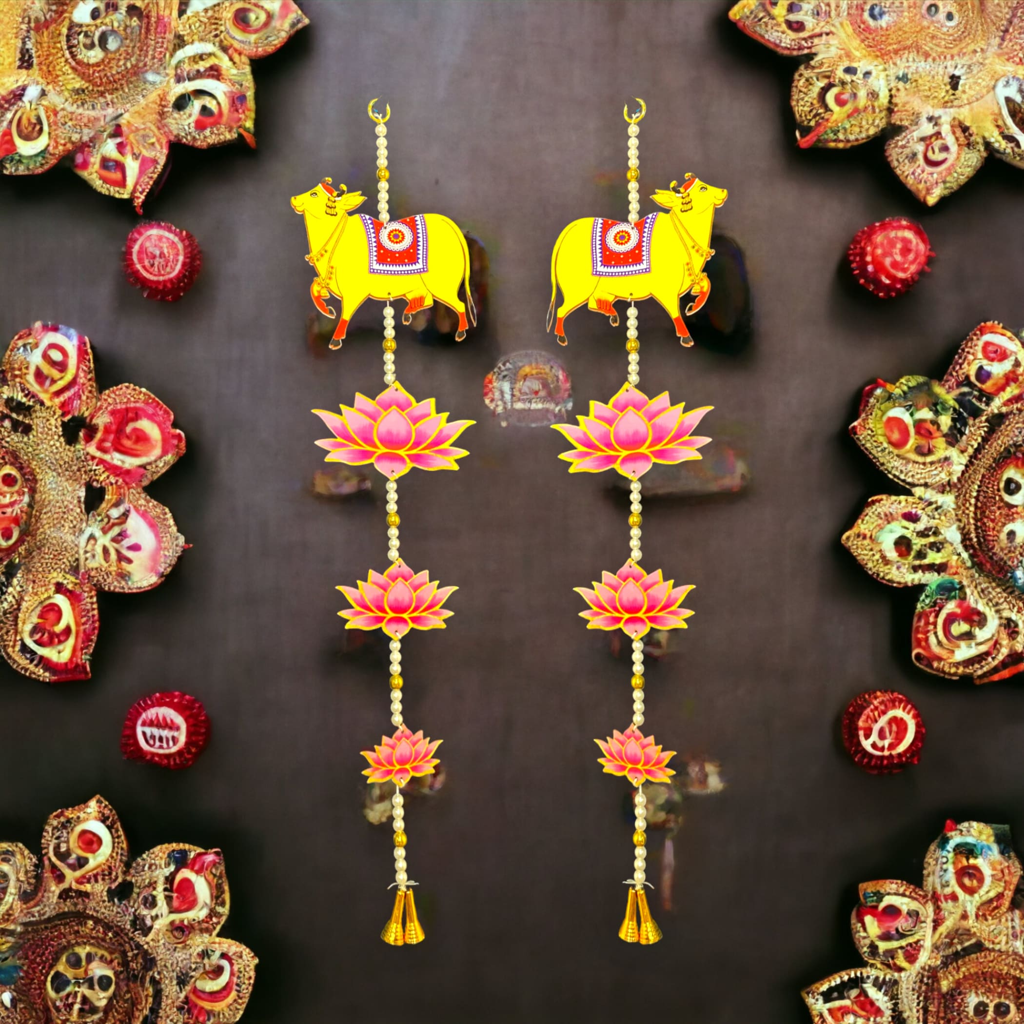 Lotus cow pair hangings for home decor backdrop hanging