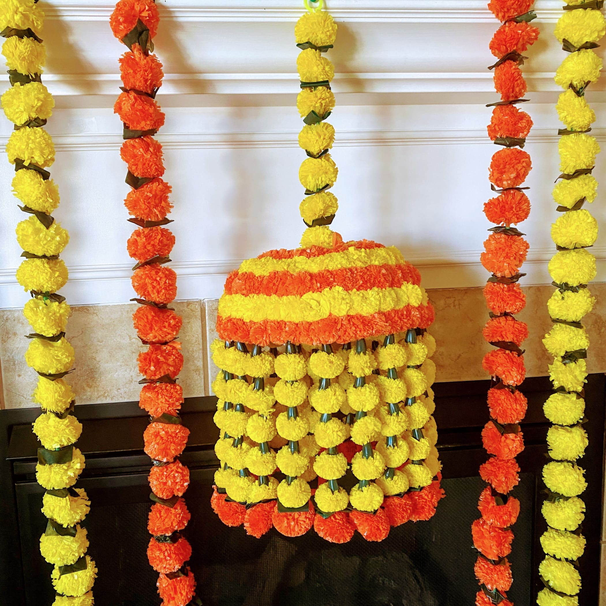 Marigold jhoomar and strings decor mehndi decoration