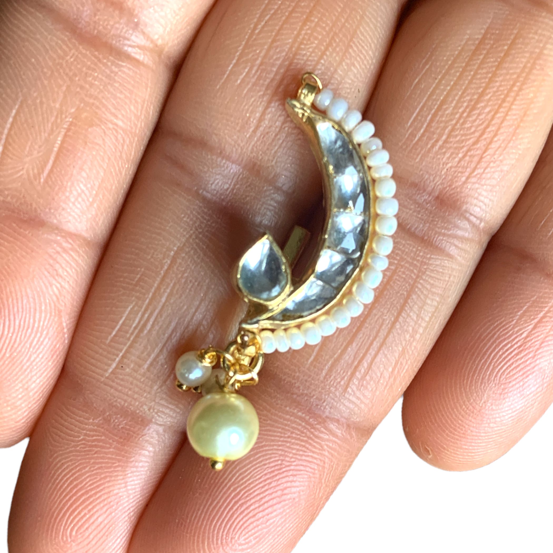 Nose pin kundan pressing ring with gold plating pearl indian