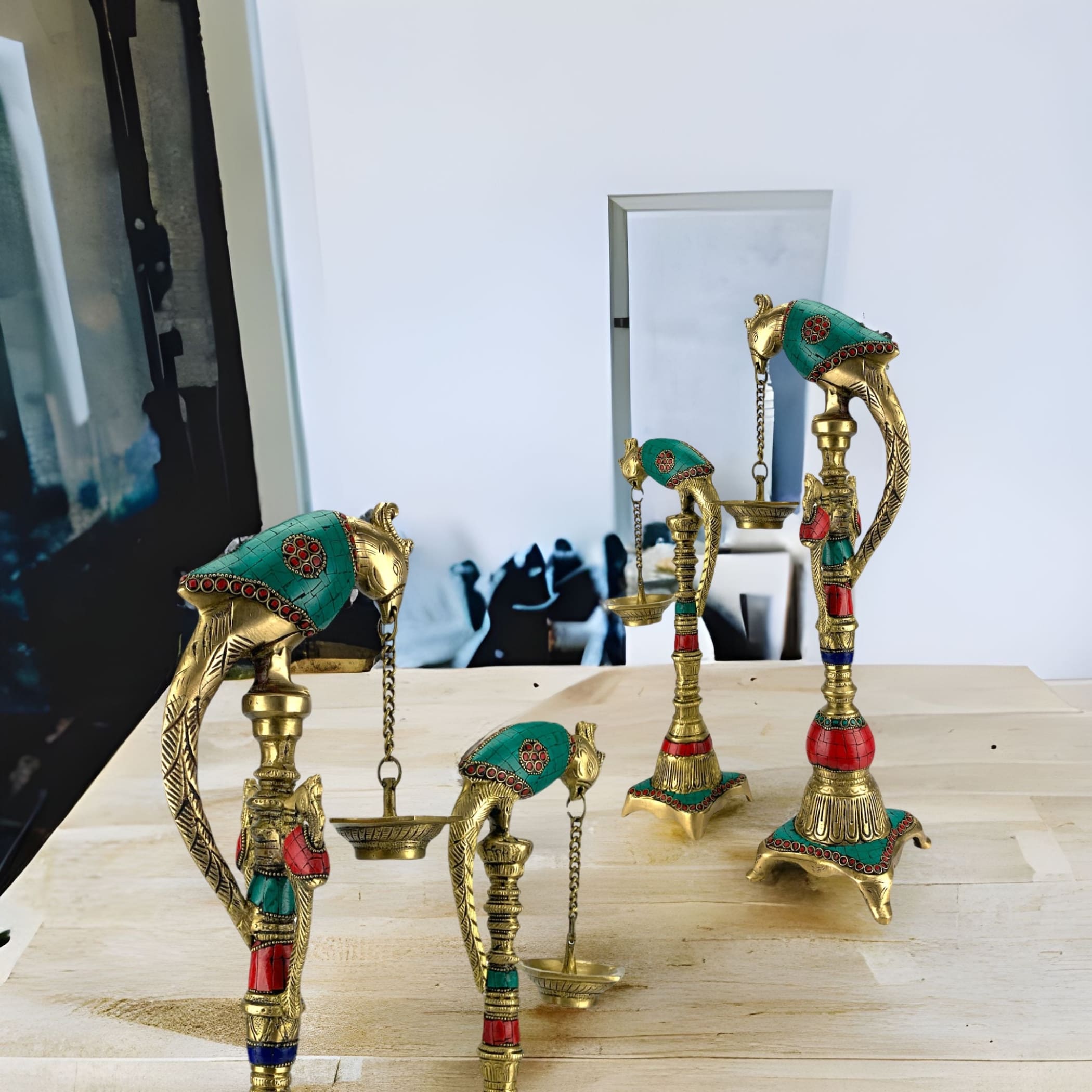 Parrot brass oil tall diya samai diwali decor lamp altar