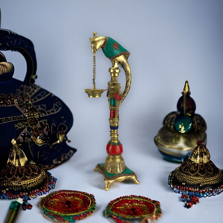 Brass finish diya for puja room bird oil lamp stand holder