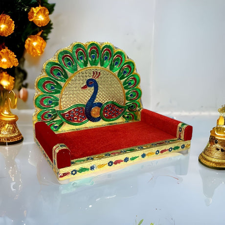 Wooden laddu gopal sinhasan for pooja mandir peacock design