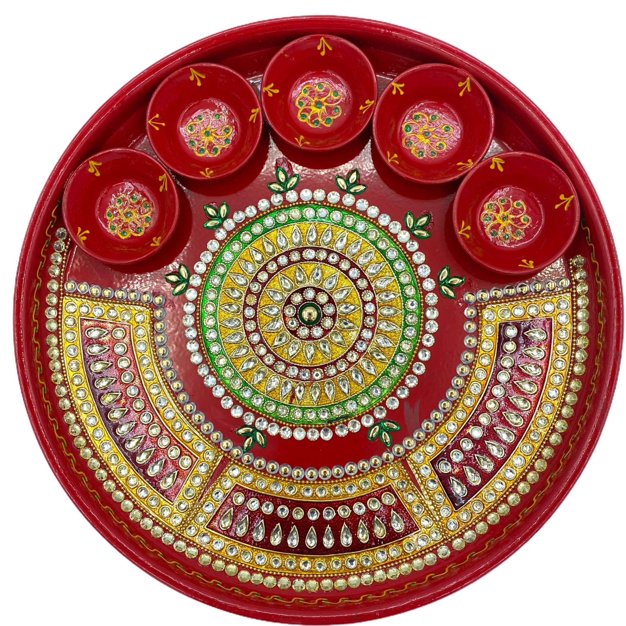 Rhinostone big indian pooja thali set diya aarti plate haldi