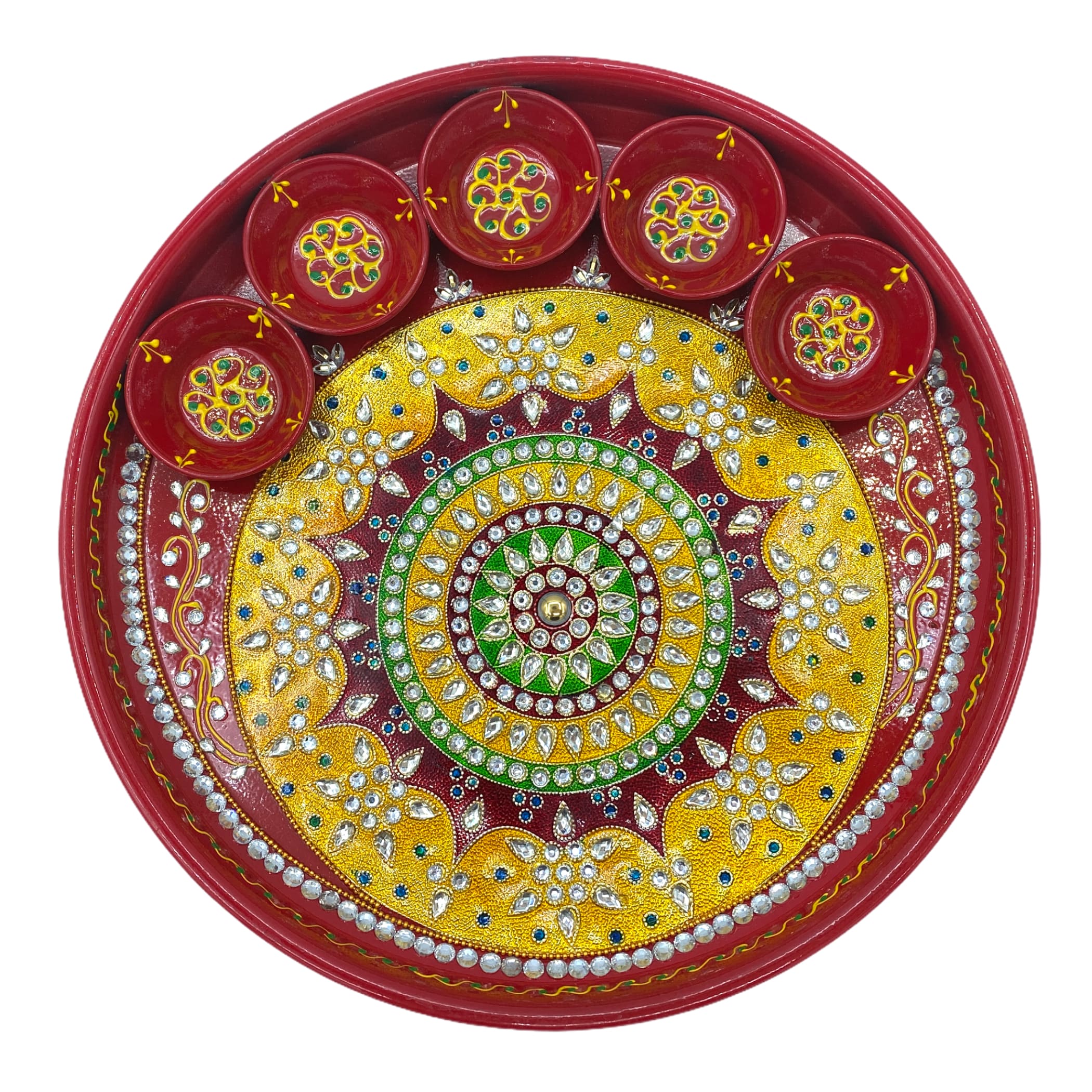 Rhinostone big indian pooja thali set diya aarti plate haldi