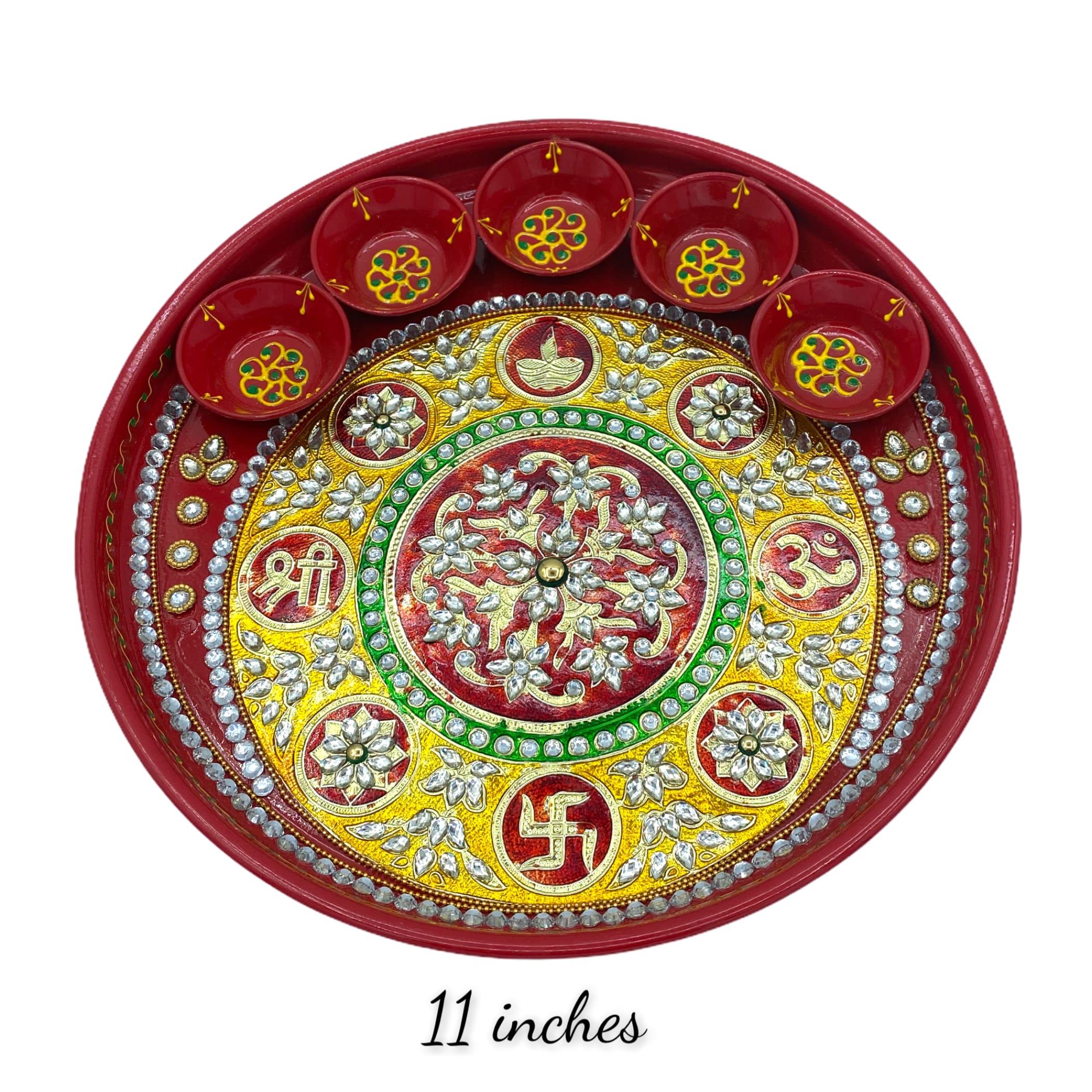 Rhinostone big indian pooja thali set diya aarti plate haldi