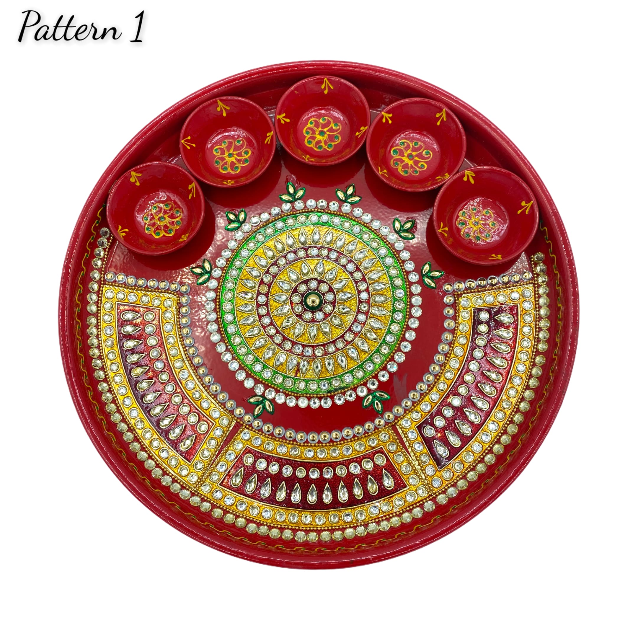 Rhinostone big indian pooja thali set diya aarti plate haldi