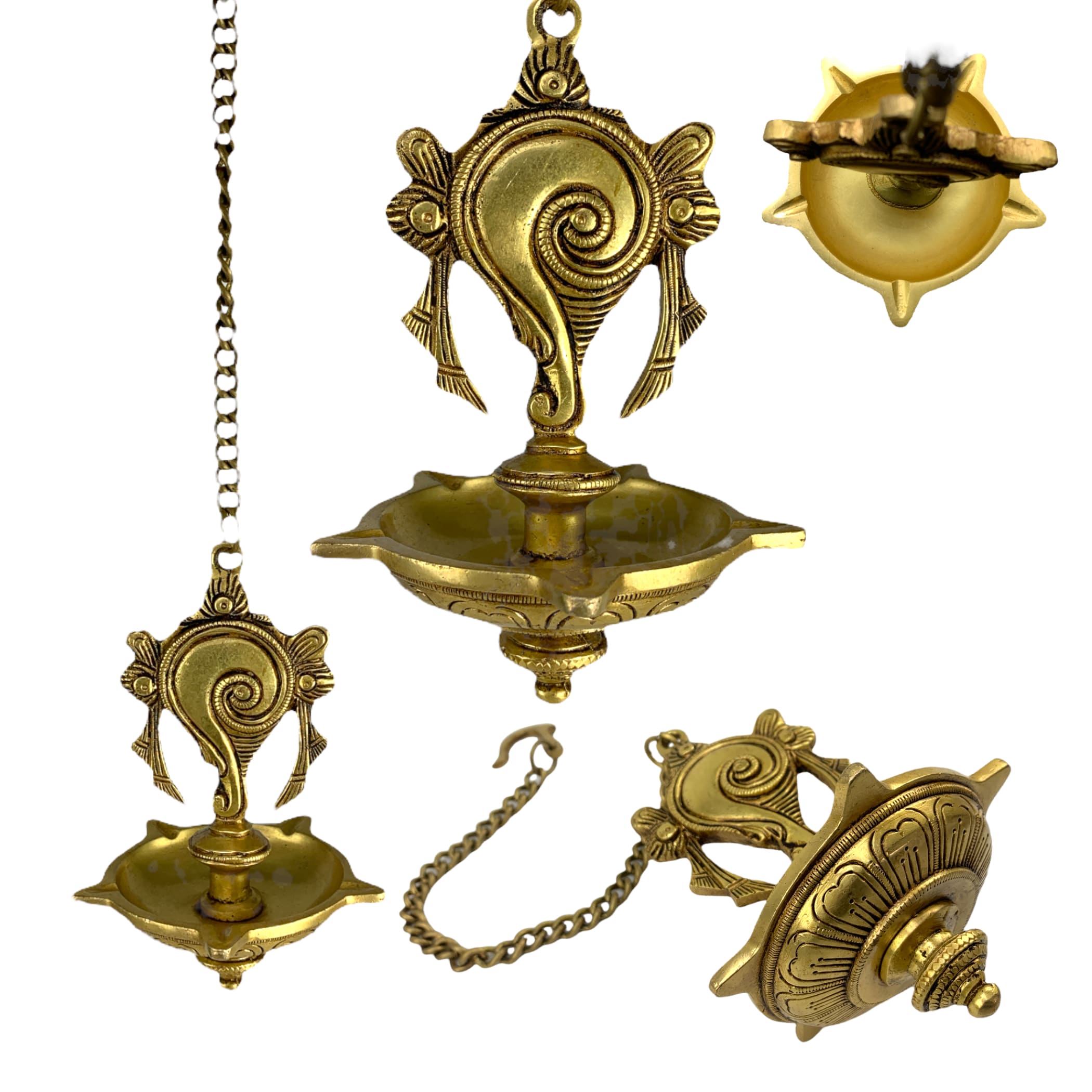 Shank brass oil samai hanging diya diwali decor altar temple