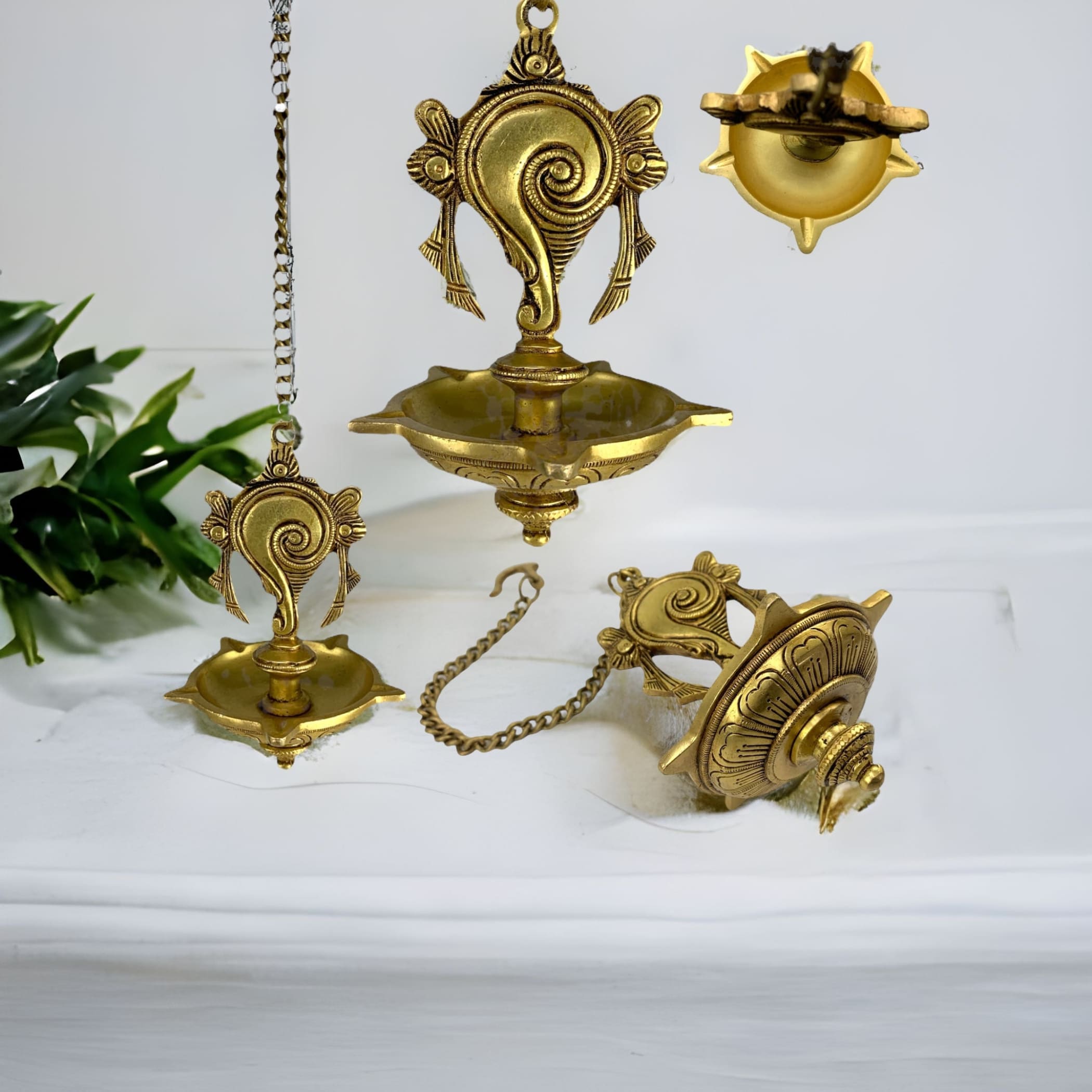 Shank brass oil samai hanging diya diwali decor altar temple