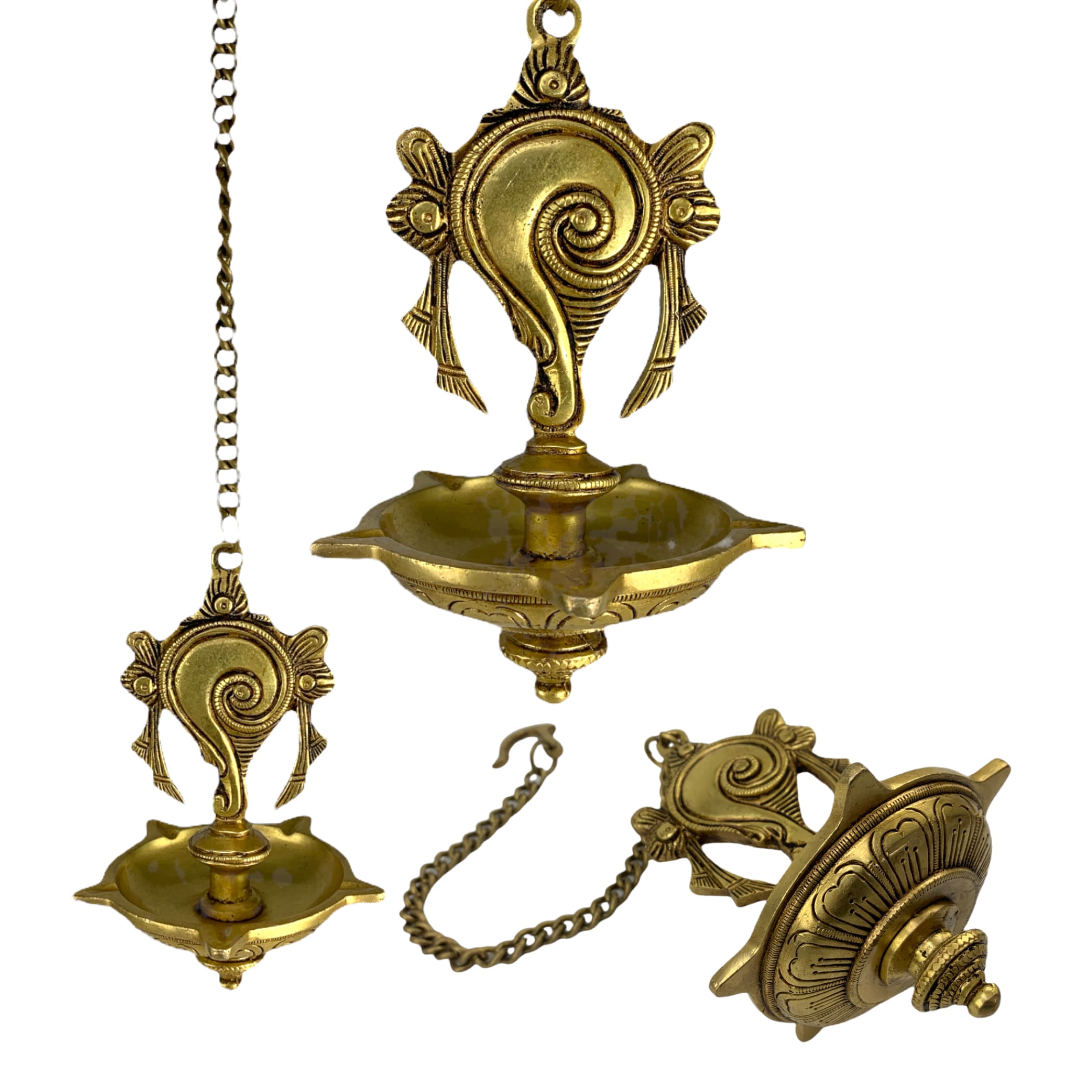 Brass shank wall hanging idol oil lamp diya with chain wick