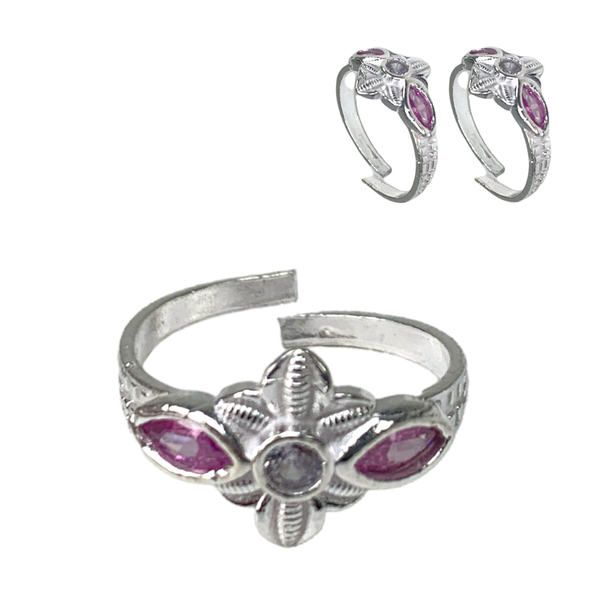 Adjustable silver toe rings pair pink moti indian bichiya