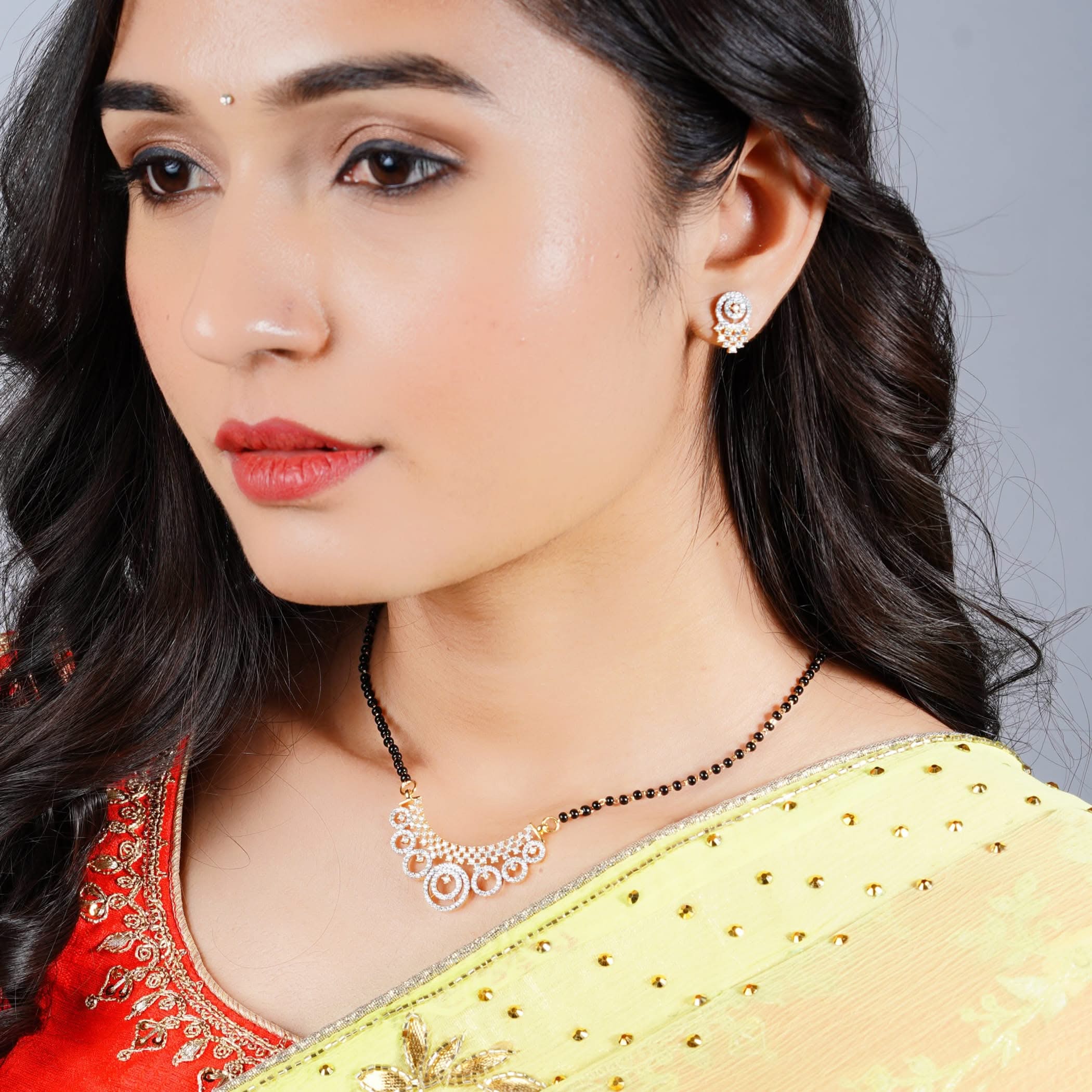 White stone mangalsutra with earring necklace chain earrings
